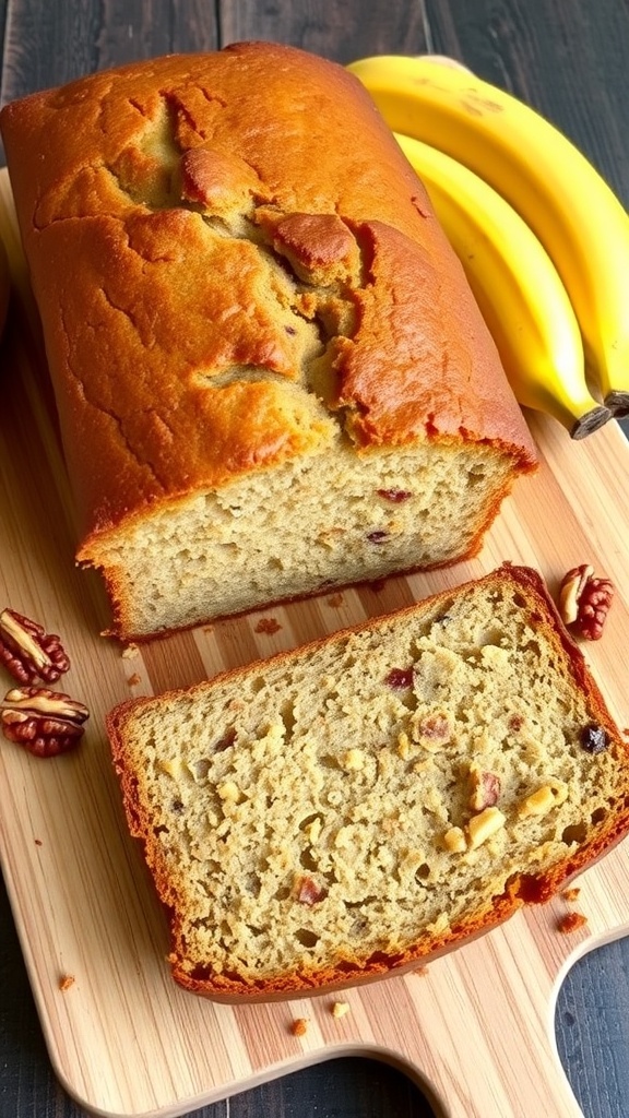 Classic Banana Bread Recipe A golden loaf of banana bread on a cutting board with ripe bananas and walnuts.